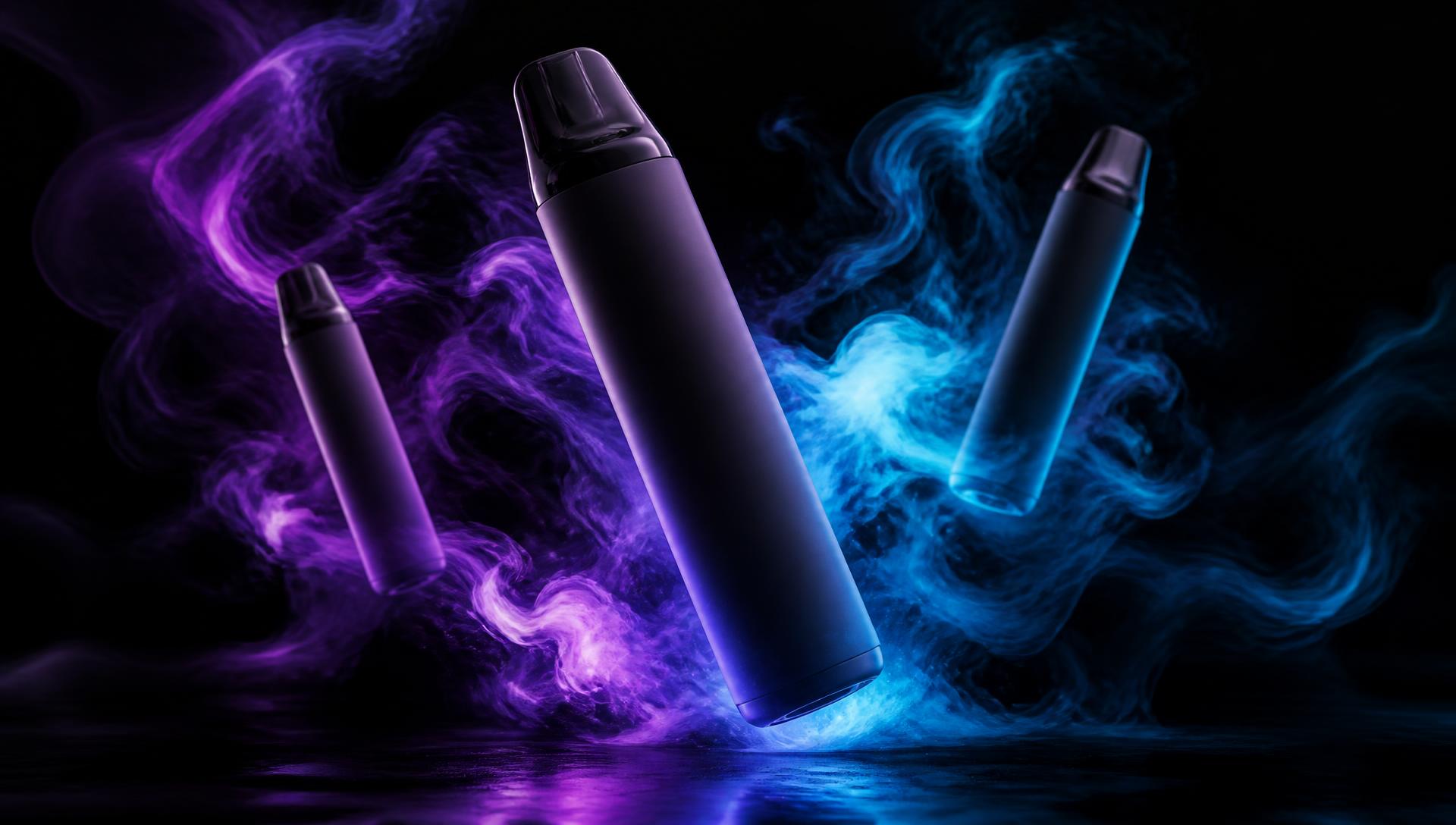 Humo de neón envolviendo dispositivos de vapeo premium flotando